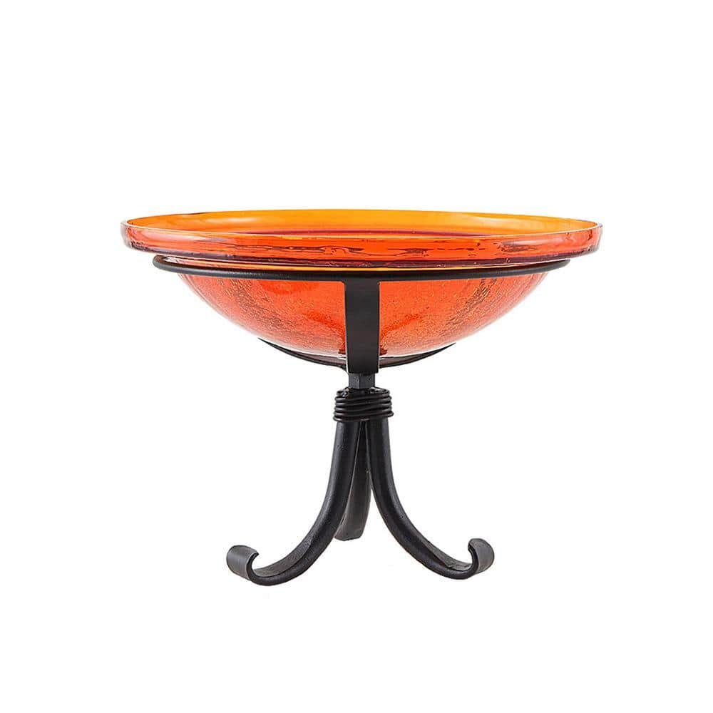 12.5 in. Dia Mandarin Orange Reflective Crackle Glass Birdbath Bowl with Tripod...