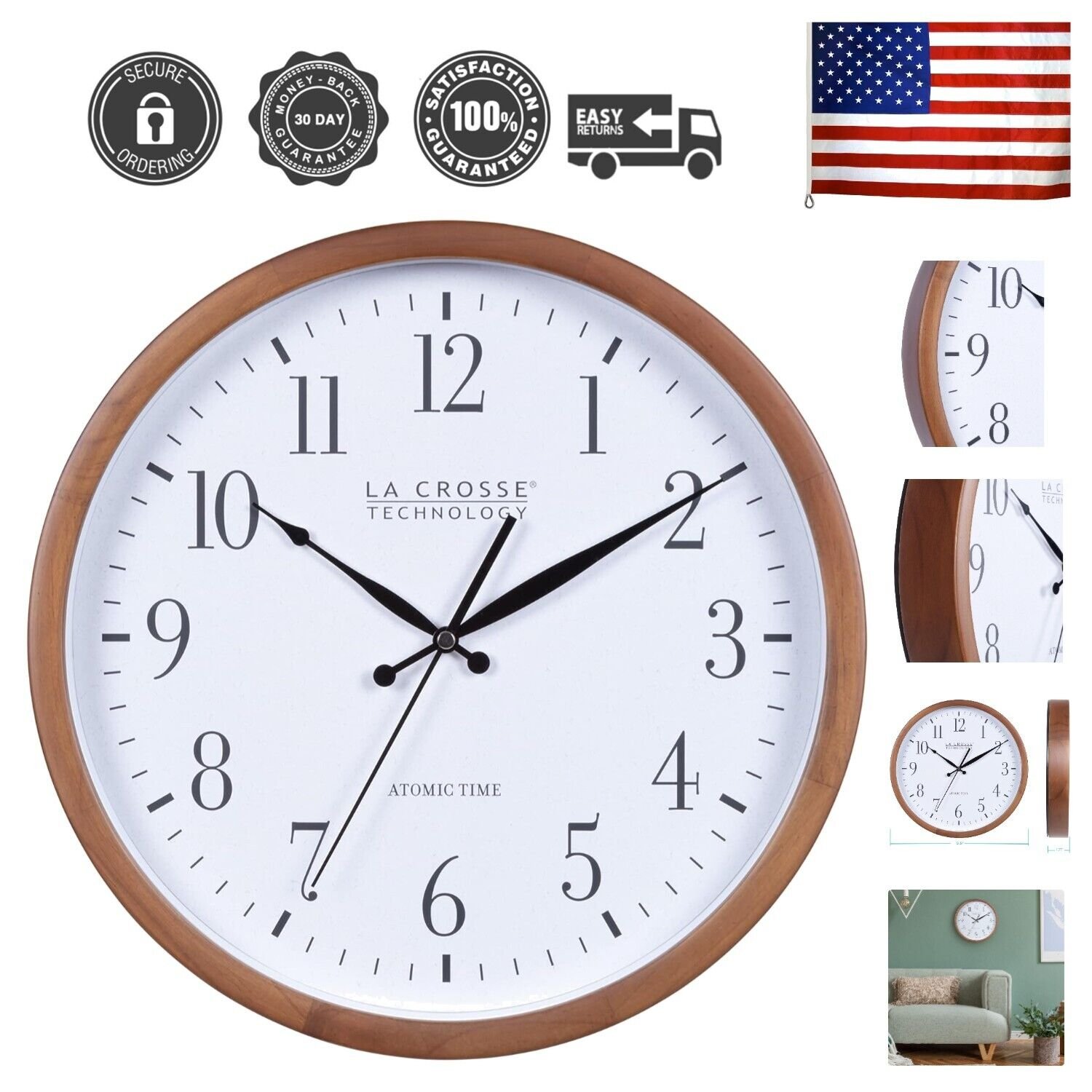 12.8" Atomic Walnut Analog Wall Clock