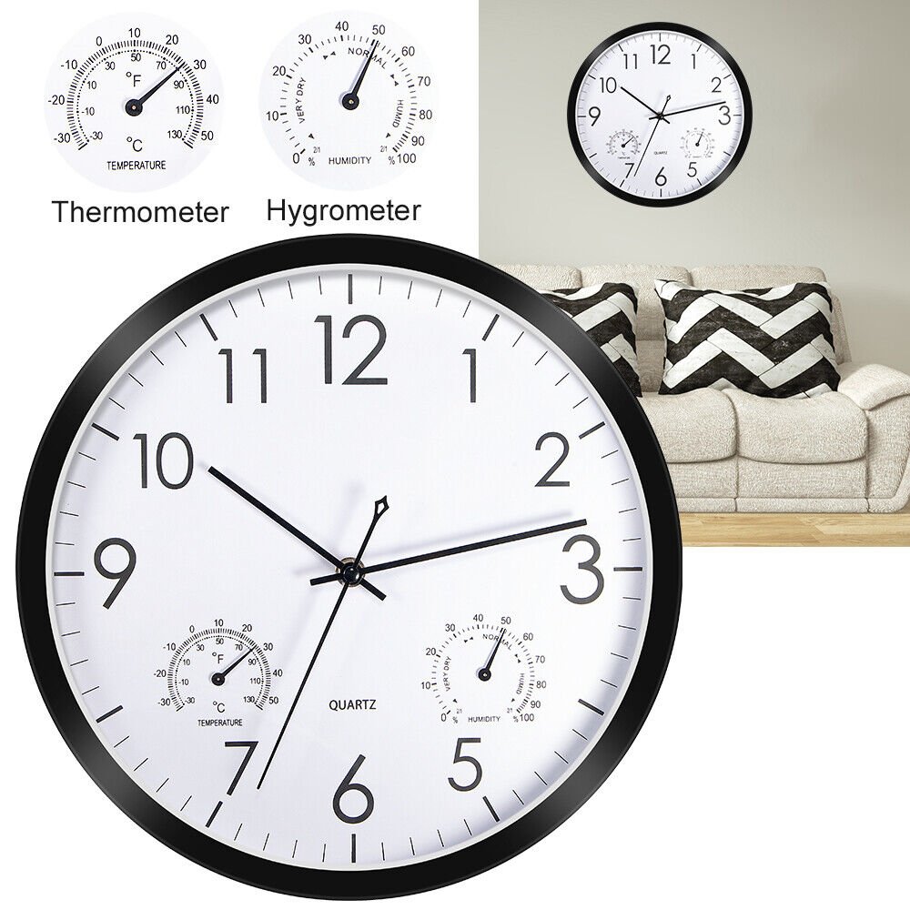 12''Analog Wall Clock Large Quartz Silent Indoor Outdoor W/ Temperature Humidity