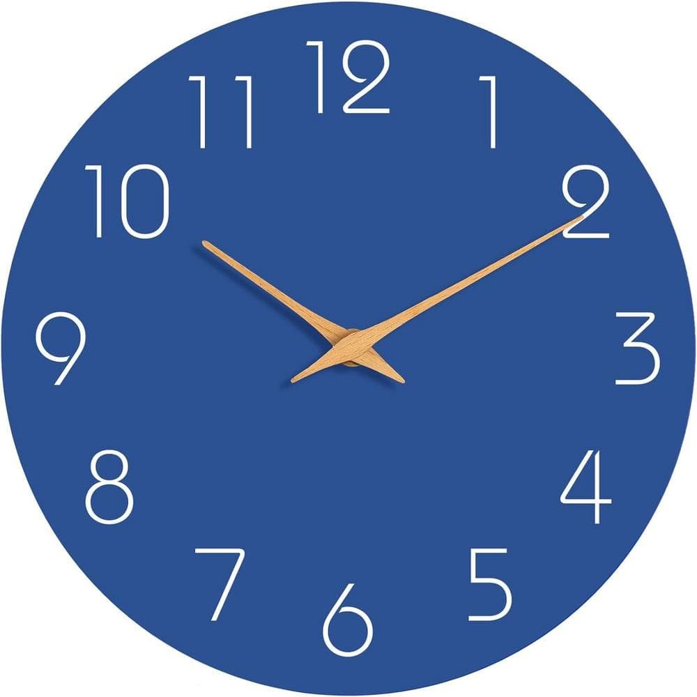 12 in. Blue Analog Silent Non-Ticking Wood Wall Clock Battery Operated Decorative...