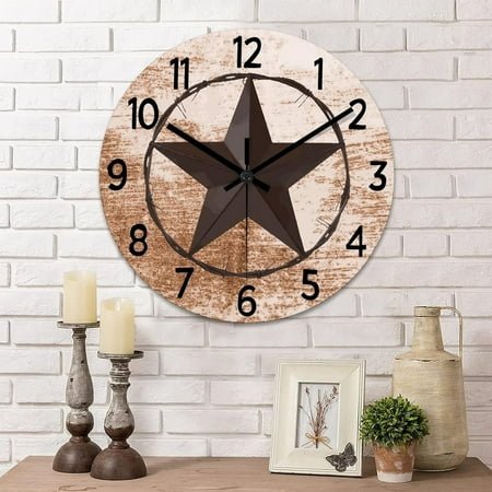 12 Inch Decorative Wall Clock Western Texas Star Country Farmhouse Wood Clock Silent Non-Ticking Battery Operated Vintage Wooden Time Clock For Farmhouse Home Living Room Decoration Home Decor