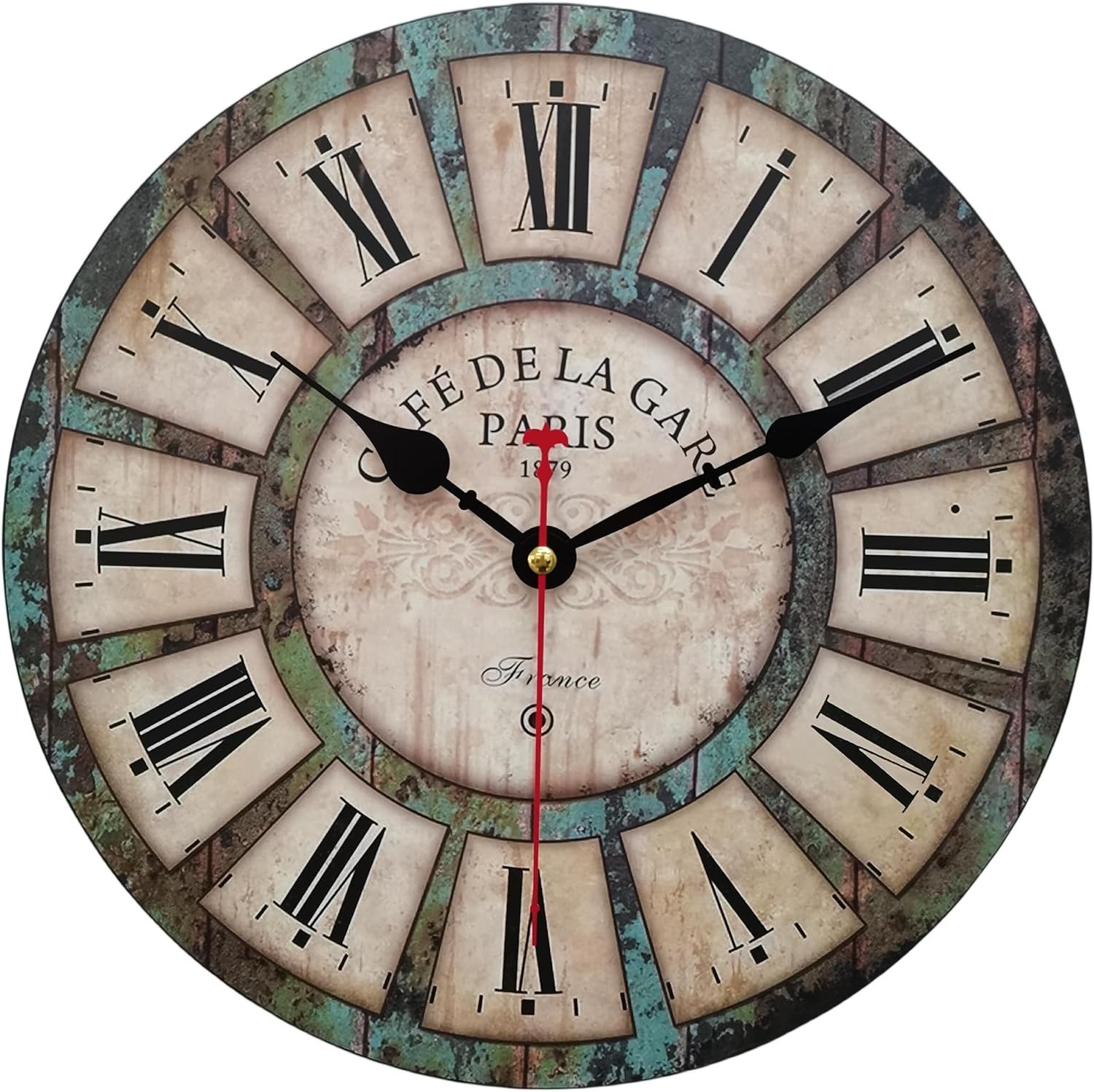 12 Inch Silent round Wooden Wall Clock Rustic Country Style, Battery Operated, V