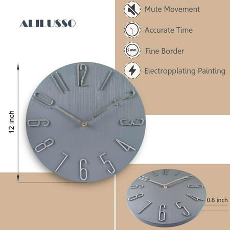12 Inch Wall Clock Silent Non Ticking, 3D Relief Numbers Modern Style Decor