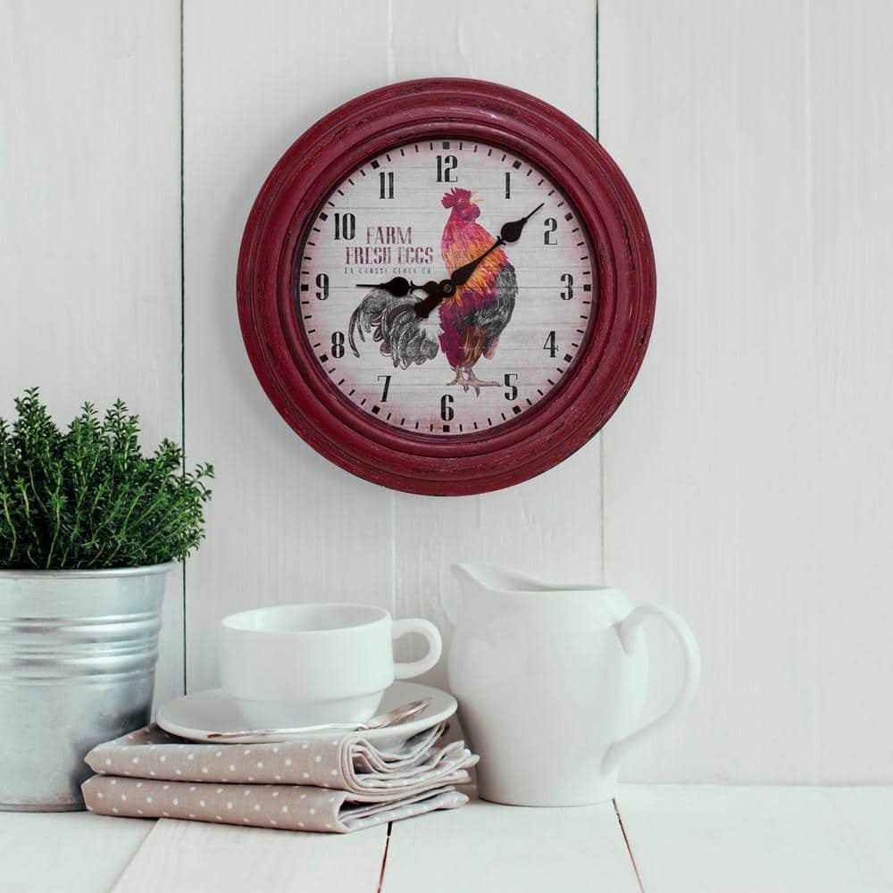 12 in. Round Distressed Red Rooster Quartz Analog Wall Clock