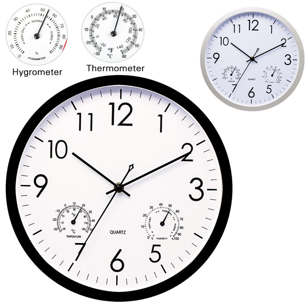 12'' Large Wall Clock Thermometer Hygrometer Silent Quartz Indoor Outdoor Home