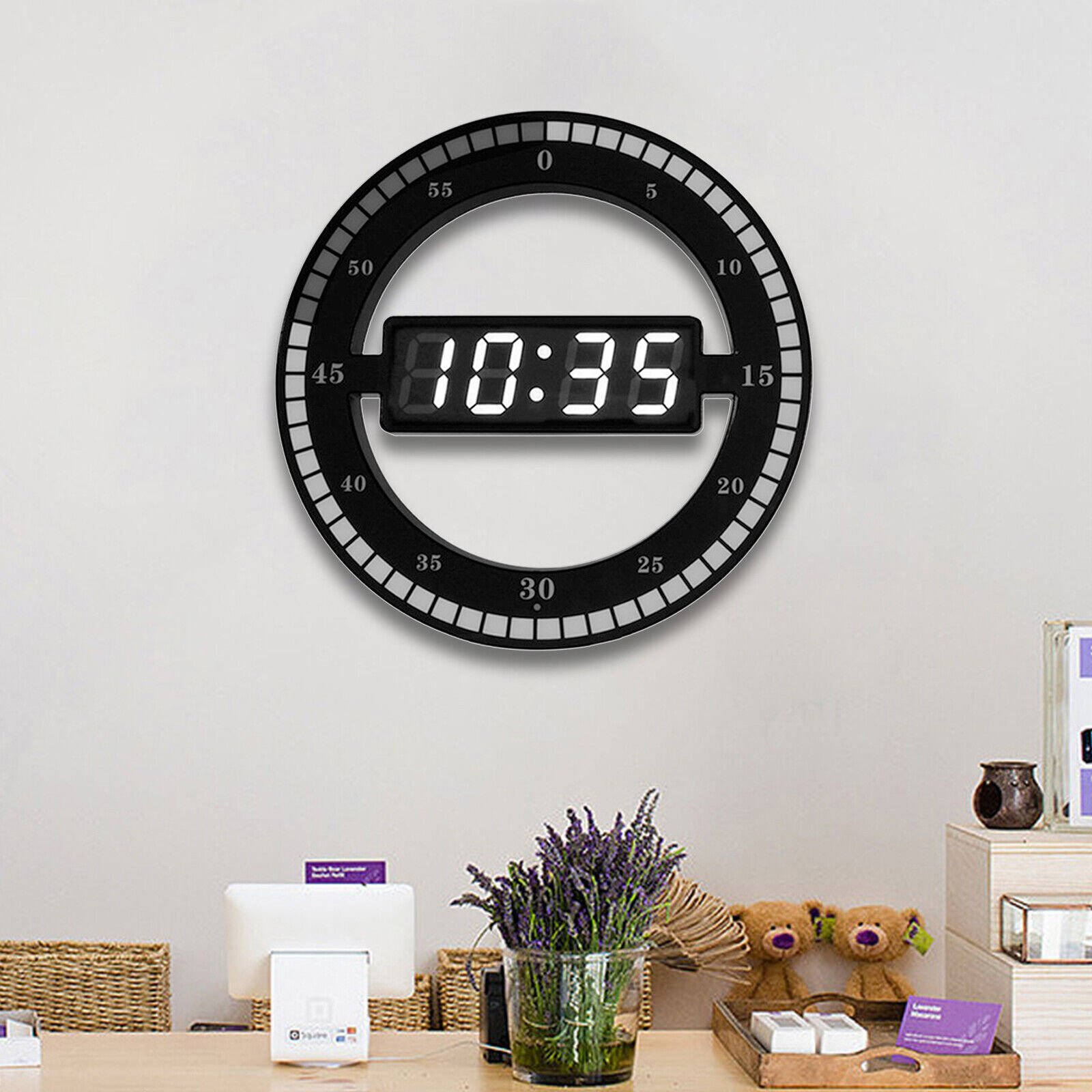 12'' LED Large Number Wall Clock Digital Ring Round Clock Electronic Clock USB