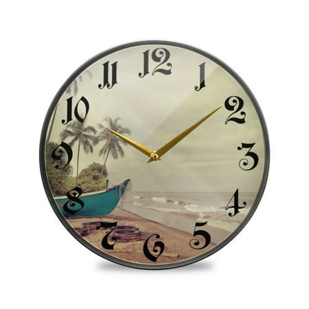 12 Round Silent Wall Clocks Retro Beach Tropical Tree Acrylic Battery Operated Clock Non-Ticking Clocks Bedroom Living Room Home Decorative