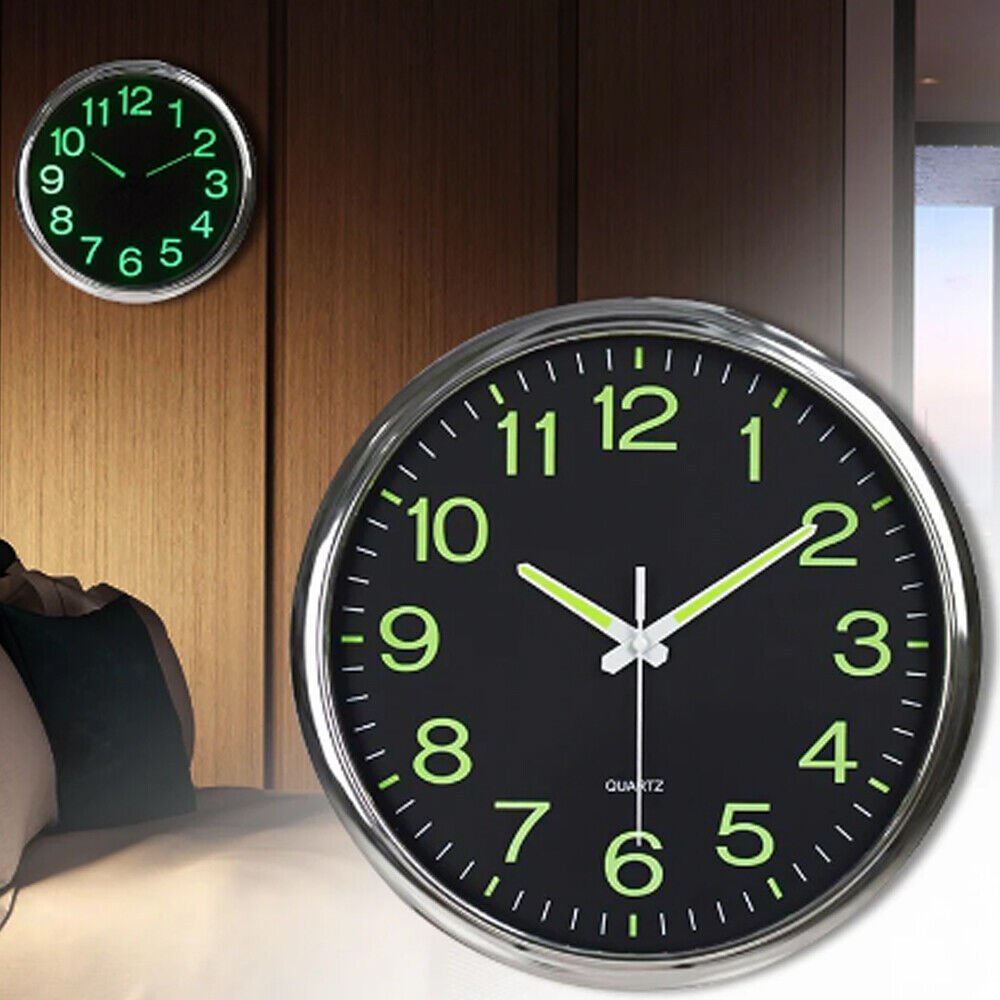 12'' Wall Clock Large Luminous Quartz Night Light Glow In The Dark Silent Home