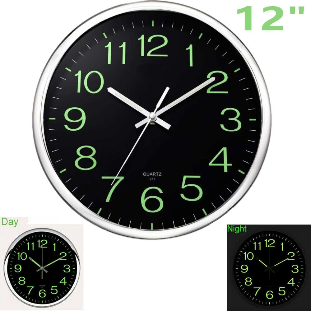 12'' Wall Clock Large Luminous Quartz Night Lights Glow In The Dark Silent Home