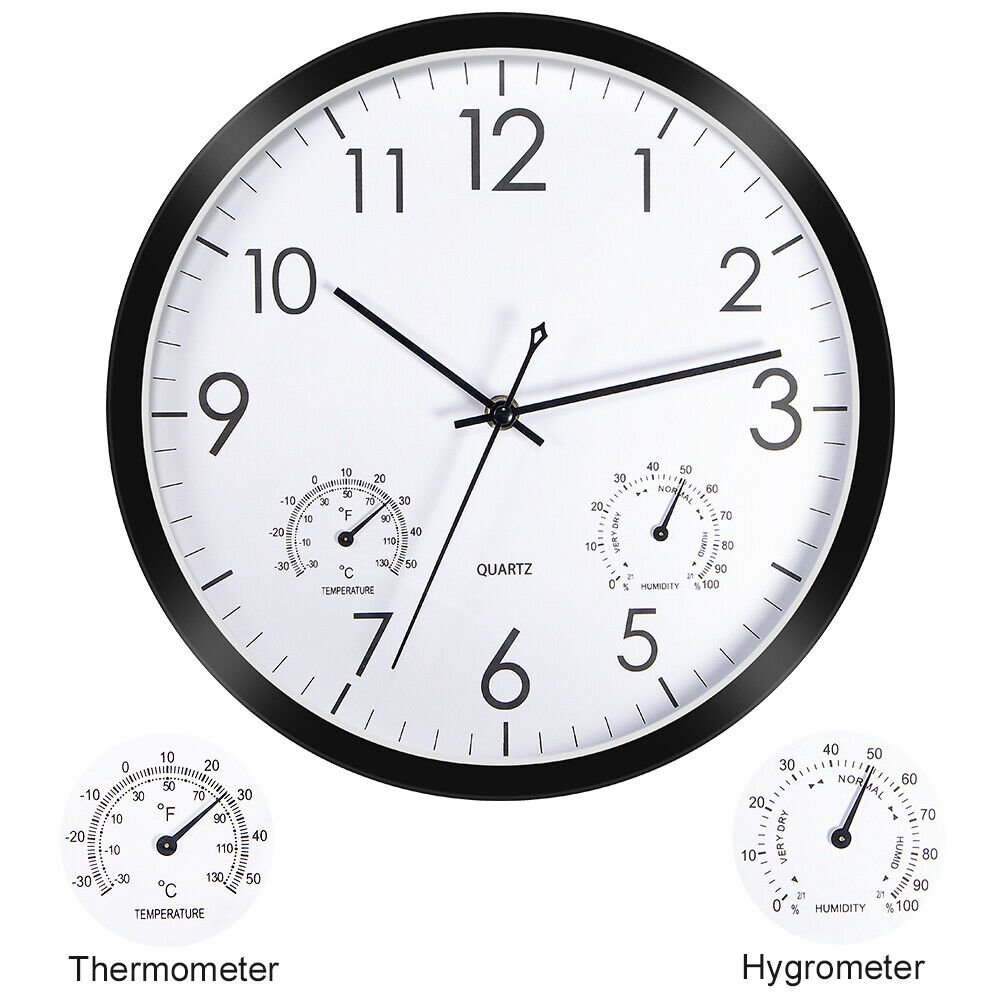 12'' Wall Clock Silent Quartz Non-Ticking Temperature&Humidity Battery Operated