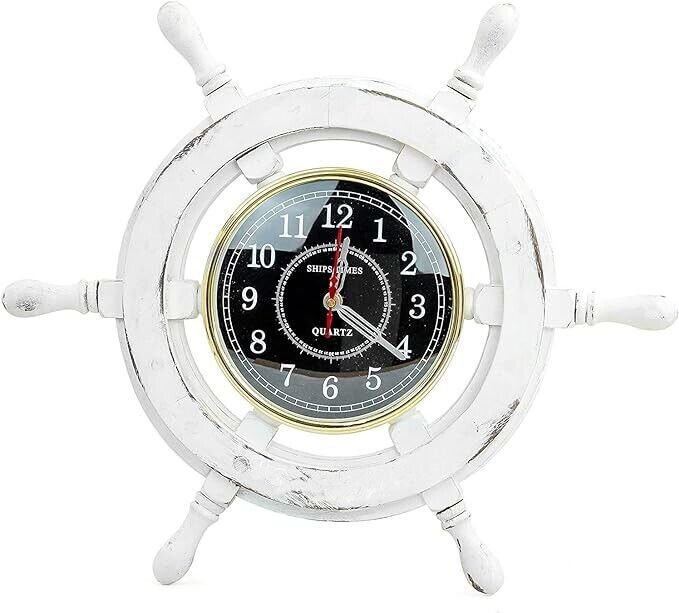 12" Wooden Ship Wheel | Pirate's Nautical Decor Wall Hanging Clock | Beautiful