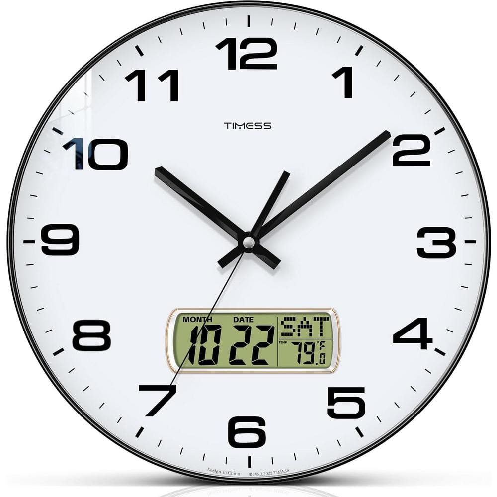 13 in. Black Analog Non-Ticking Battery Operated with LCD Display for Ideal...