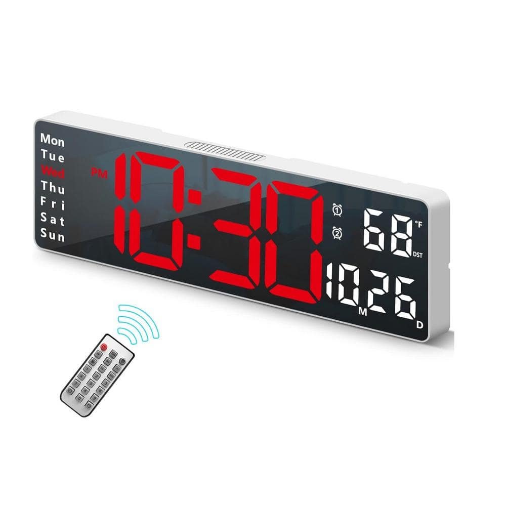 13 in. White Case Red LED Digital Clock Thermoplastic with Remote Control,...