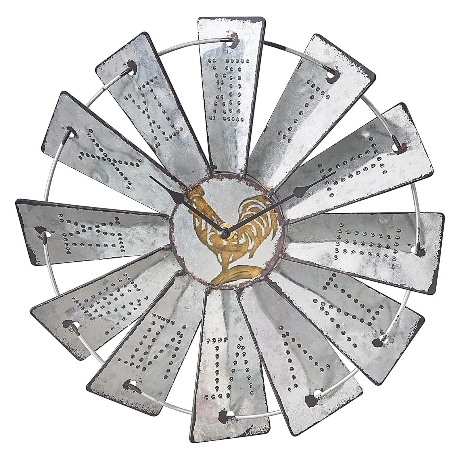 14.25 Inch Windmill Distressed Metal Wall Clocks Rustic Large Decorative Cloc...