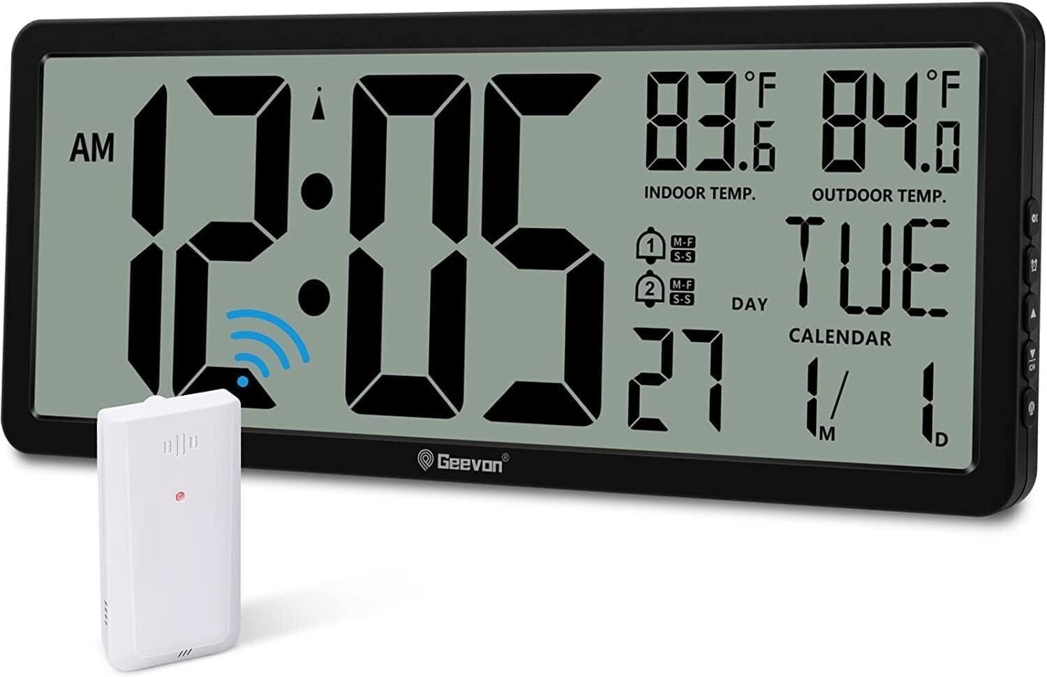 14.3" Large Atomic Clock With Indoor Outdoor Temperature, Digital Wall Cl