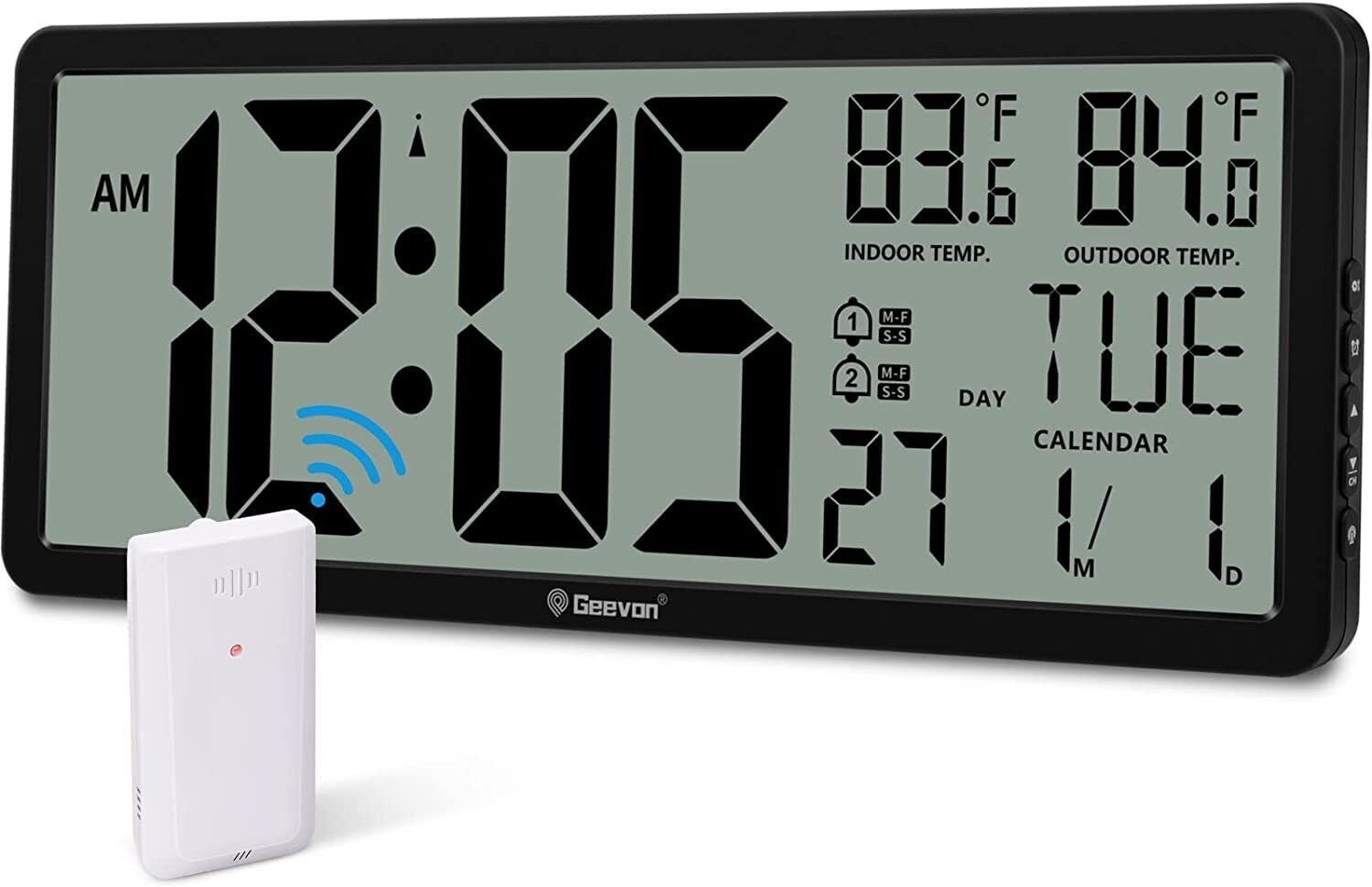 14.3" Large Atomic Clock With Indoor Outdoor Temperature Digital Wall Clock Batt