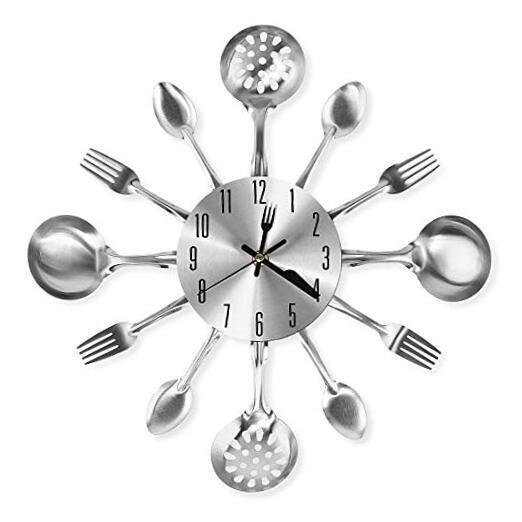 14 Inch Cutlery Kitchen Wall Clocks with Fork and Spoon Dial, Silent Silver