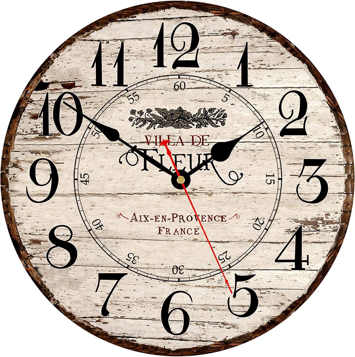 14 Inch French Country Wall Clock, Wooden, Battery Operated, Non-Ticking, Easy t