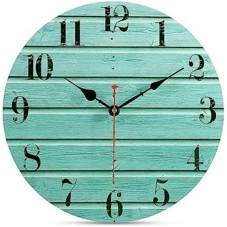 14 Inch Teal Wall Clock Decor Vintage Kitchen Accessories Silent Non-Ticking Wall Clocks Battery Operated Retro Home Wooden Green Ocean Coastal Decorative for Bedroom Bathroom Living Room
