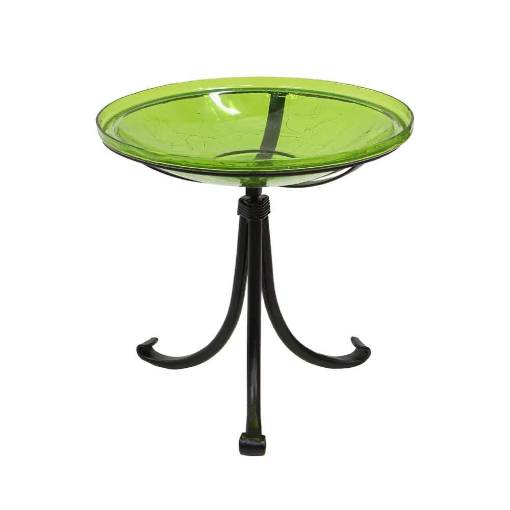 14 in. Dia Round Fern Green Crackle Glass Birdbath with Black Wrought...