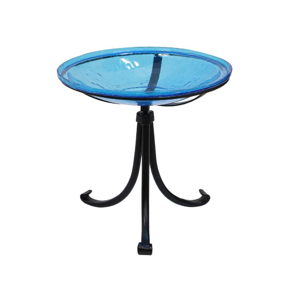 14 in. Dia Round Teal Blue Crackle Glass Birdbath with Black Wrought...