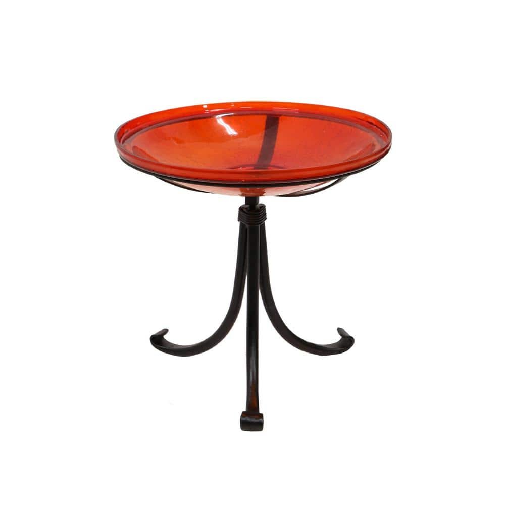 14 in. Dia Round Tomato Red Crackle Glass Birdbath with Black Wrought...
