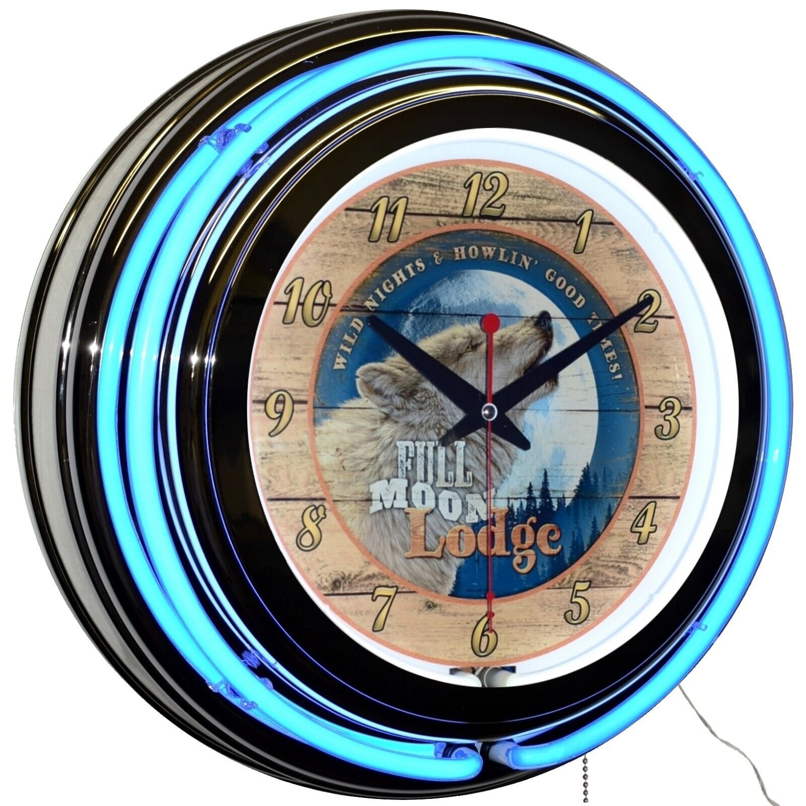 15" Full Moon Lodge Howling Wolf Wildlife Double Neon Clock Cabin Decor (Blue)