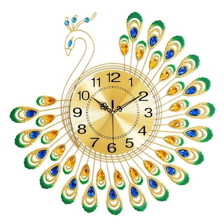 15in Silent Metal Crystal 3D Peacock Wall Clock for Living Room Decor Modern Art