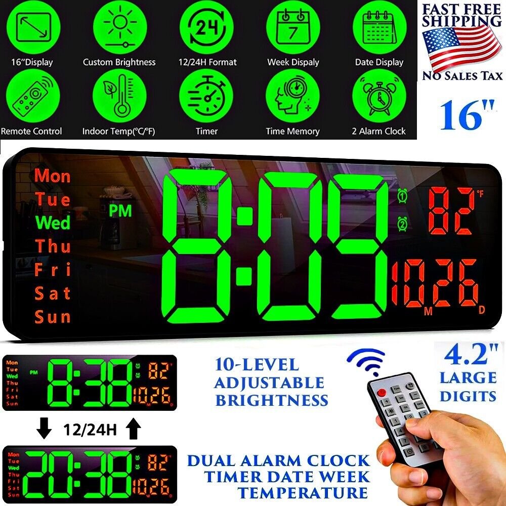 16" BIG DIGITAL JUMBO LED CLOCK WALL MOUNT LARGE NUMBERS TIMER DATE TEMPERATURE