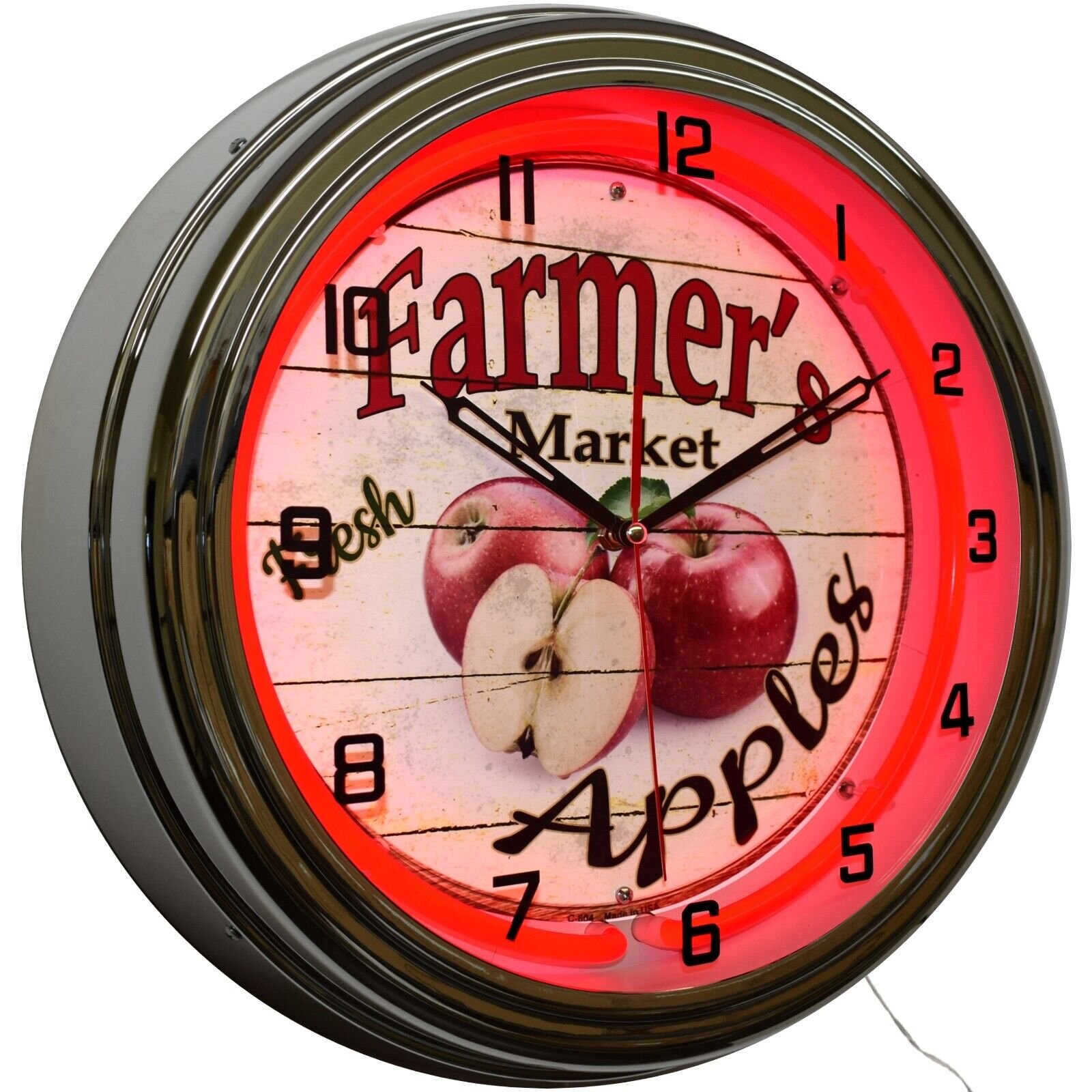 16" Farmer's Market Fresh Apples Neon Clock Home Kitchen Diner Decor (Red)