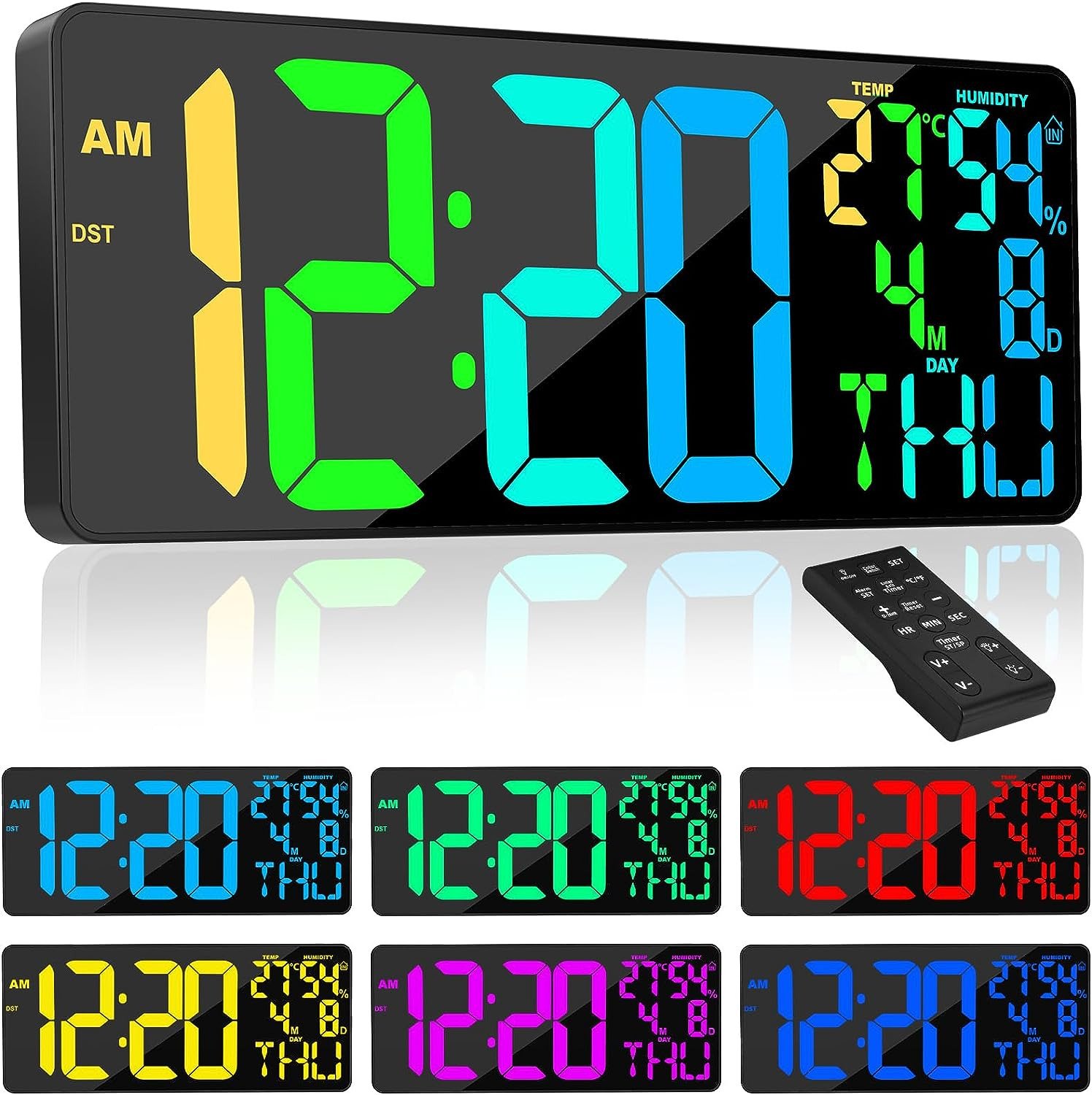 18" Digital Wall Clock Large Display, 11 RGB Color Changing Large Digital Wall C