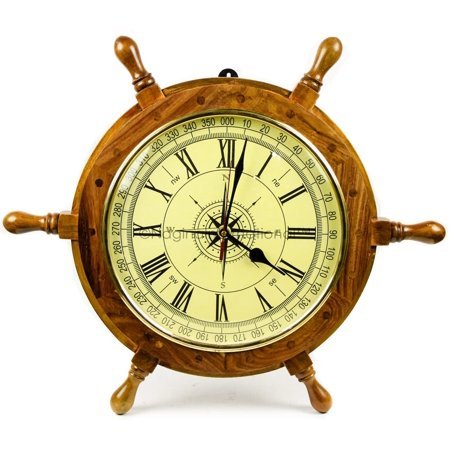 18 Wooden Ship Wheel Clock (Yellow Compass Roman Dial - 10)