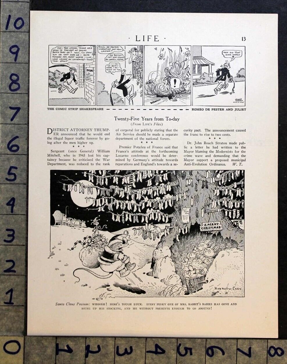 1925 CHRISTMAS SANTA CLAUS OPOSSUM RABBIT HARRISON CADY CARTOON PRINT FC4156*