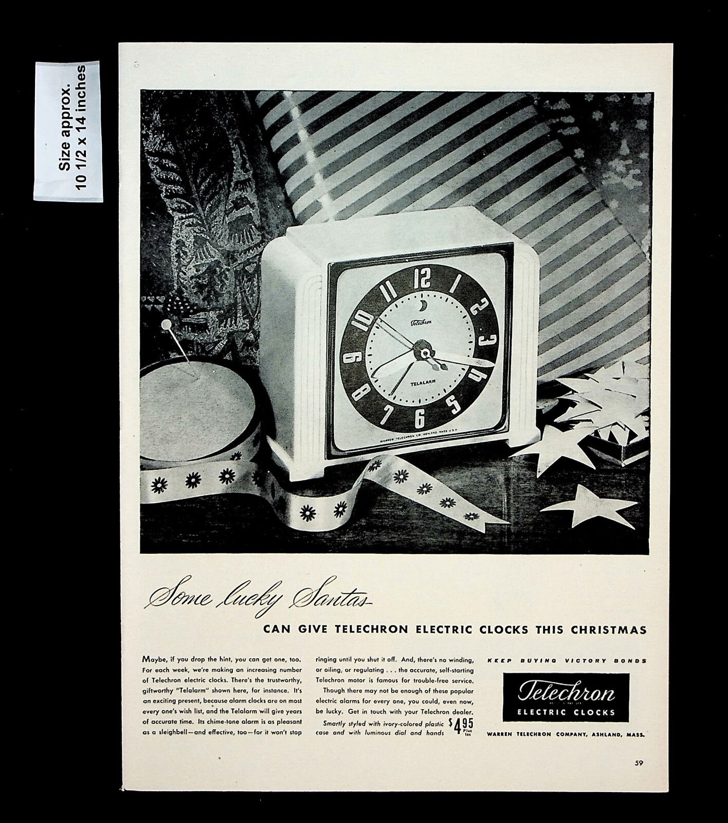 1945 Telechron Electric Clocks Santa Christmas Gift Vintage Print Ad 33989