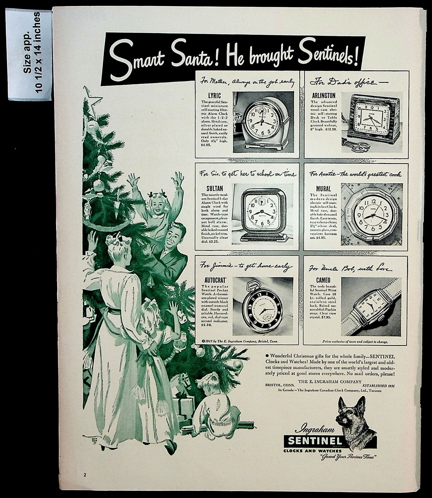 1947 Ingraham Sentinel Clocks Watches Santa Christmas Vintage Print Ad 29790