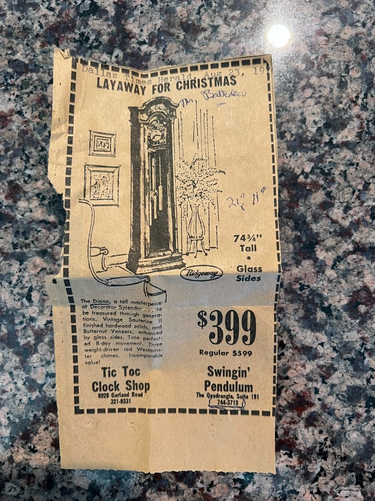 1974 Ridgeway Diana Grandfather Clock - Model #304 with Original Documentation