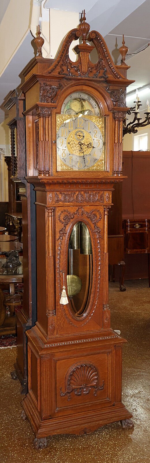 19th Century Tiffany & CO Oak 5 Musical 5 Gong Tall Case Grandfather Clock