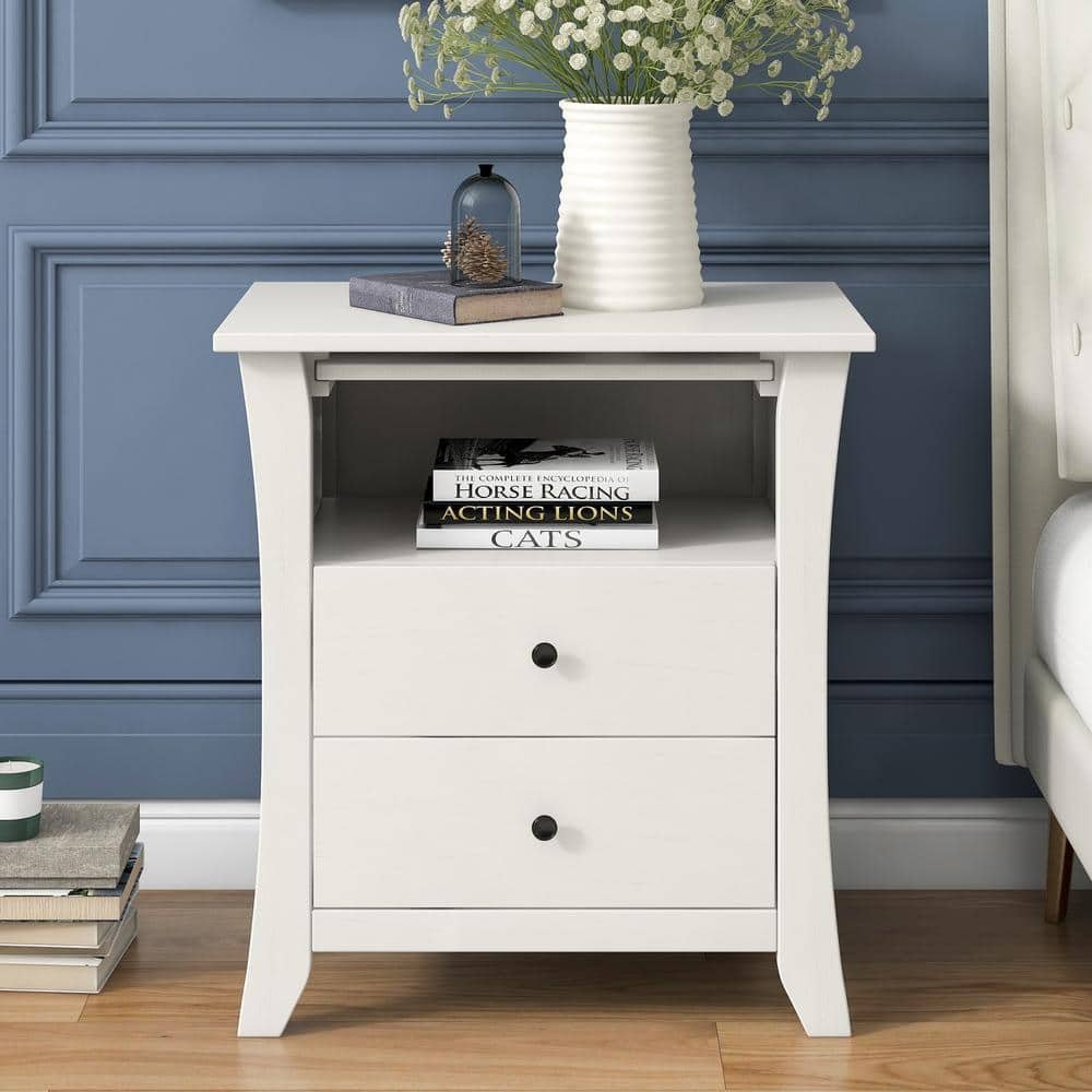 2-Drawer White Pine Wood Multi-Functional Storage Nightstand w/Open Cabinet (25.2 in. H...