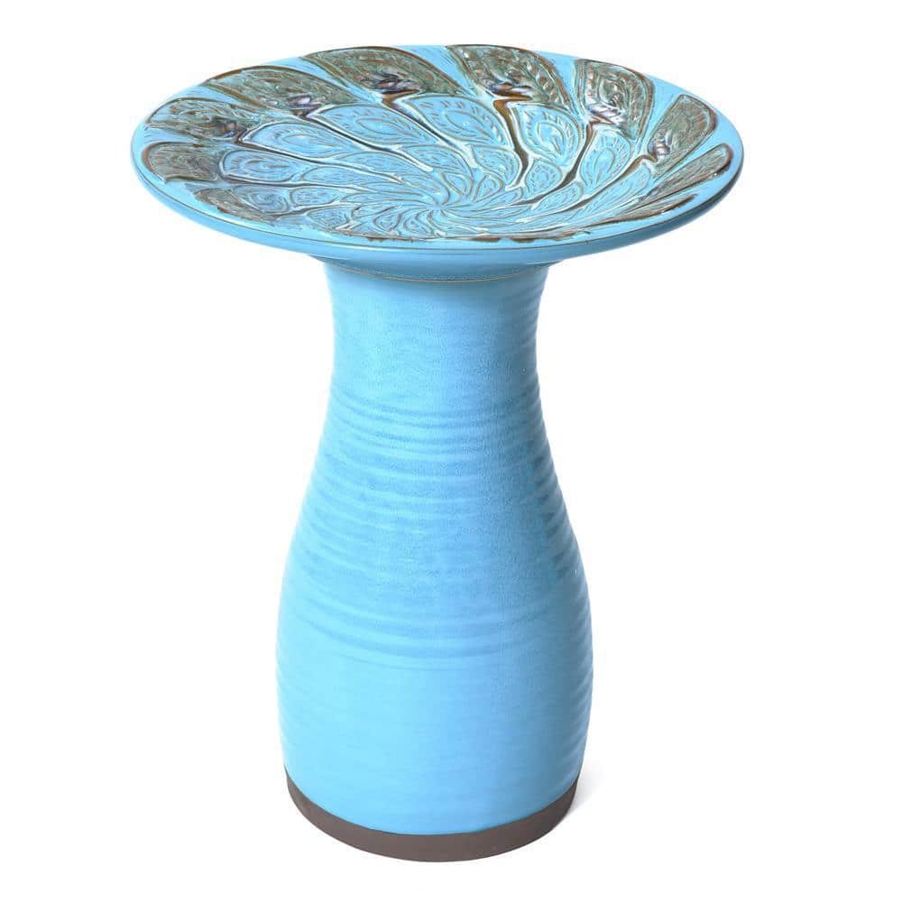 20 in. H Powder Blue Vintage Spiral Ceramic Birdbath