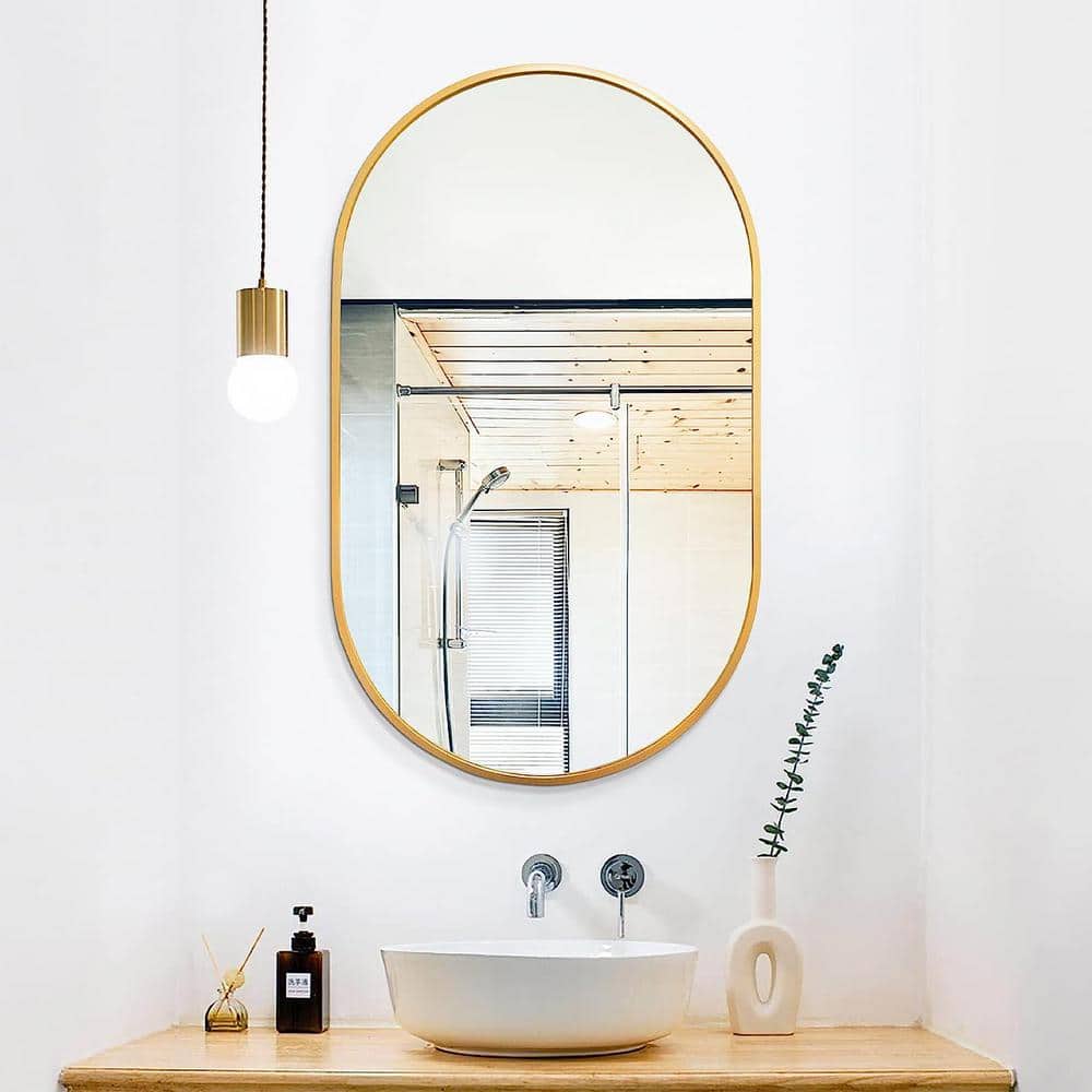 20 in. W x 33 in. H Oval Aluminum Framed Gold Mirror