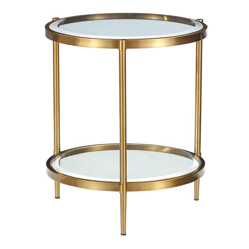 21.65 in. 2-Tier Gold Round End Table with Glass Top and Storage...