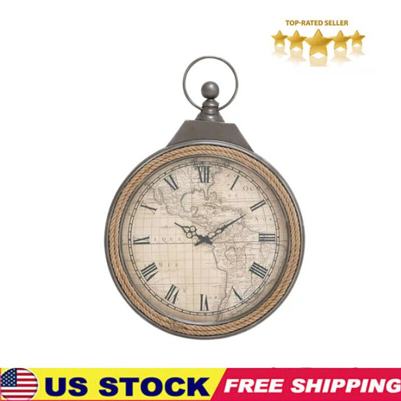 21" Brown Metal Pocket Watch Style Wall Clock with Rope Accent Antique Clock