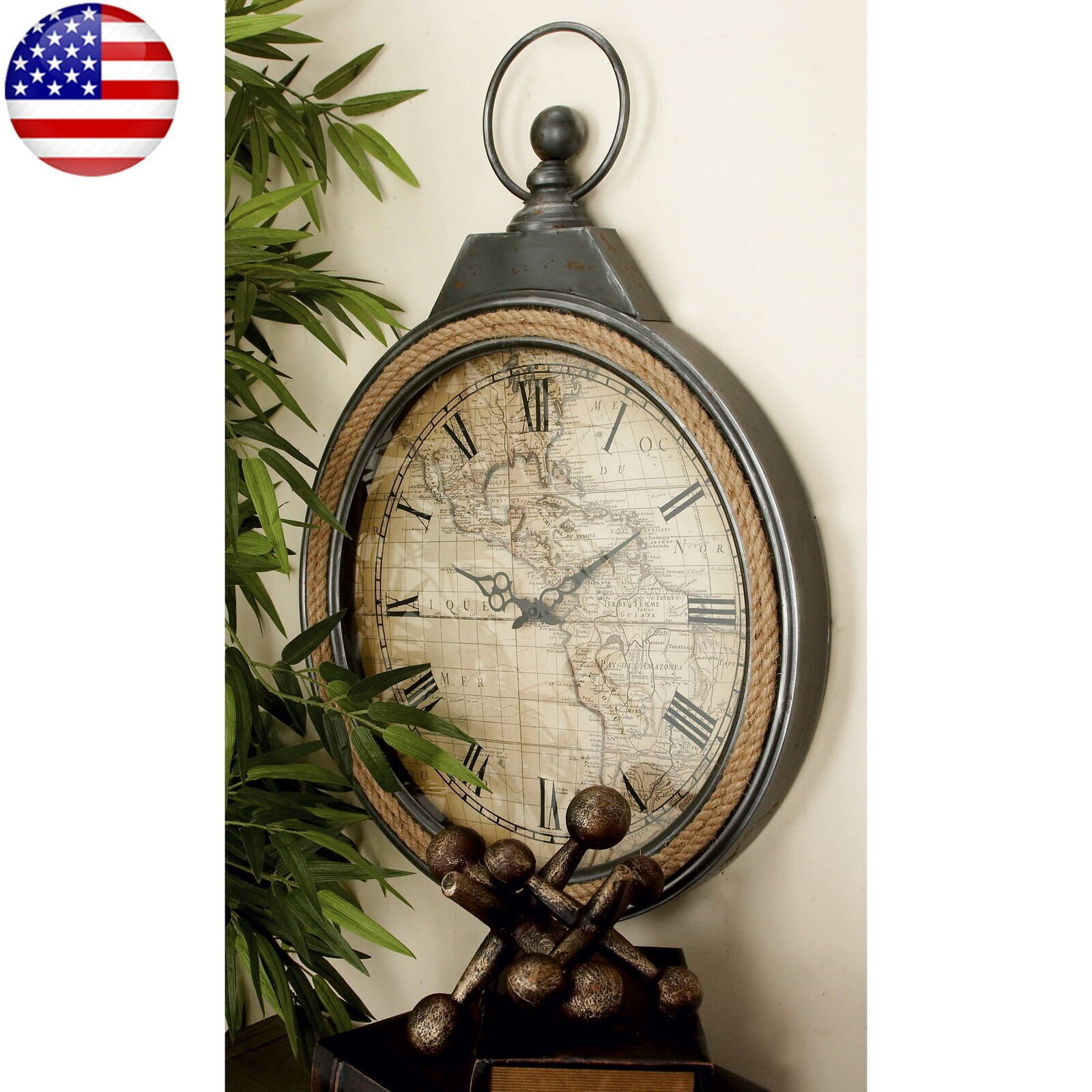 21 In Brown Metal Pocket Watch Style Wall Clock W/ Jute Rope Accent Versatile