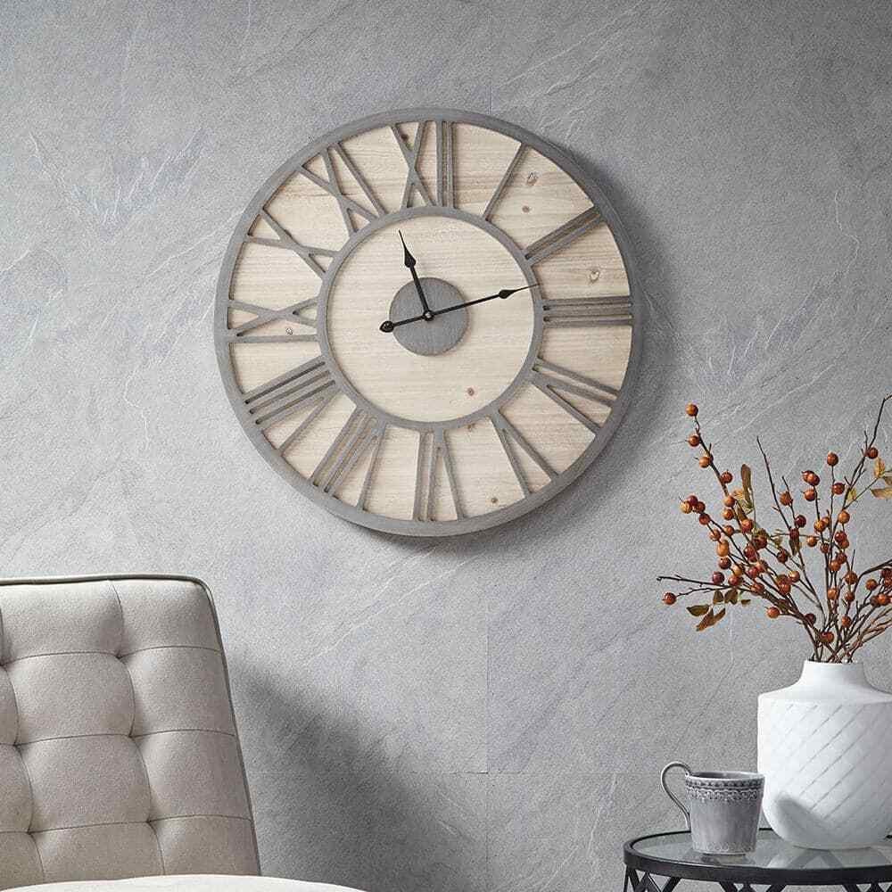 23.6 in Round Grey Metal Frame Wood Wall Clock, with Roman Numeral, Home Decor A
