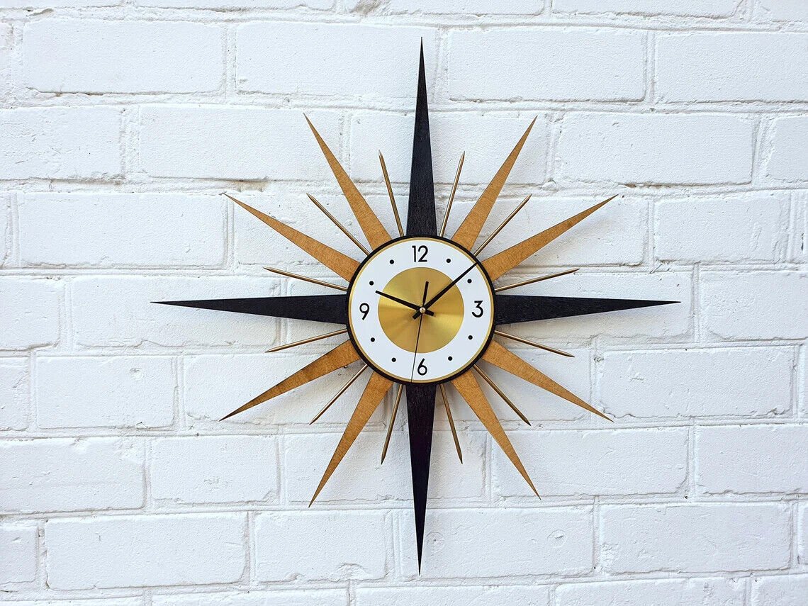 24"26"George Nelson Style Wall Clock Gold Stars Yellow and Black Sunburst 1970