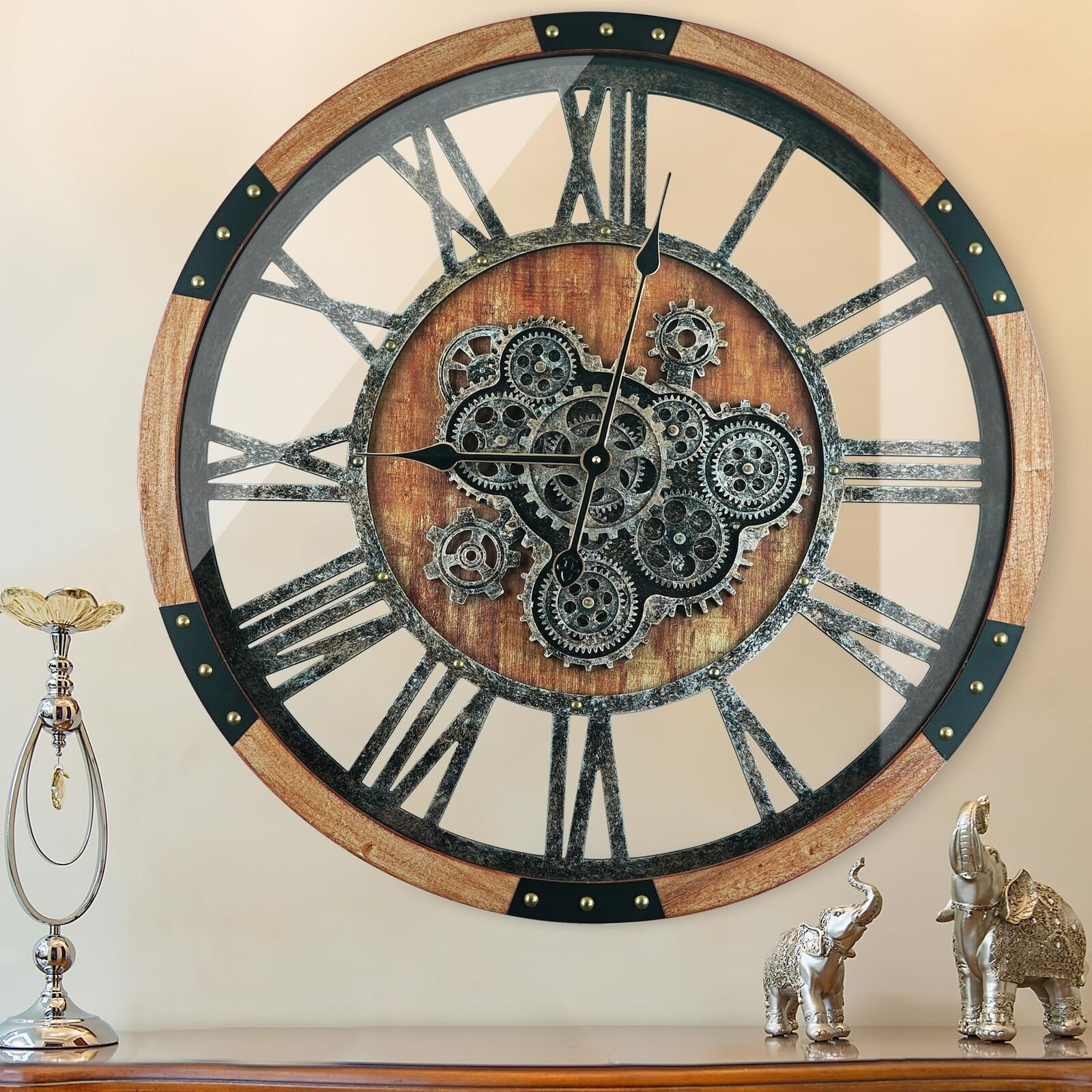 24 Inch Moving Gear Wall Clock, Oversized Wall Clocks, Clock Living Room Deco...