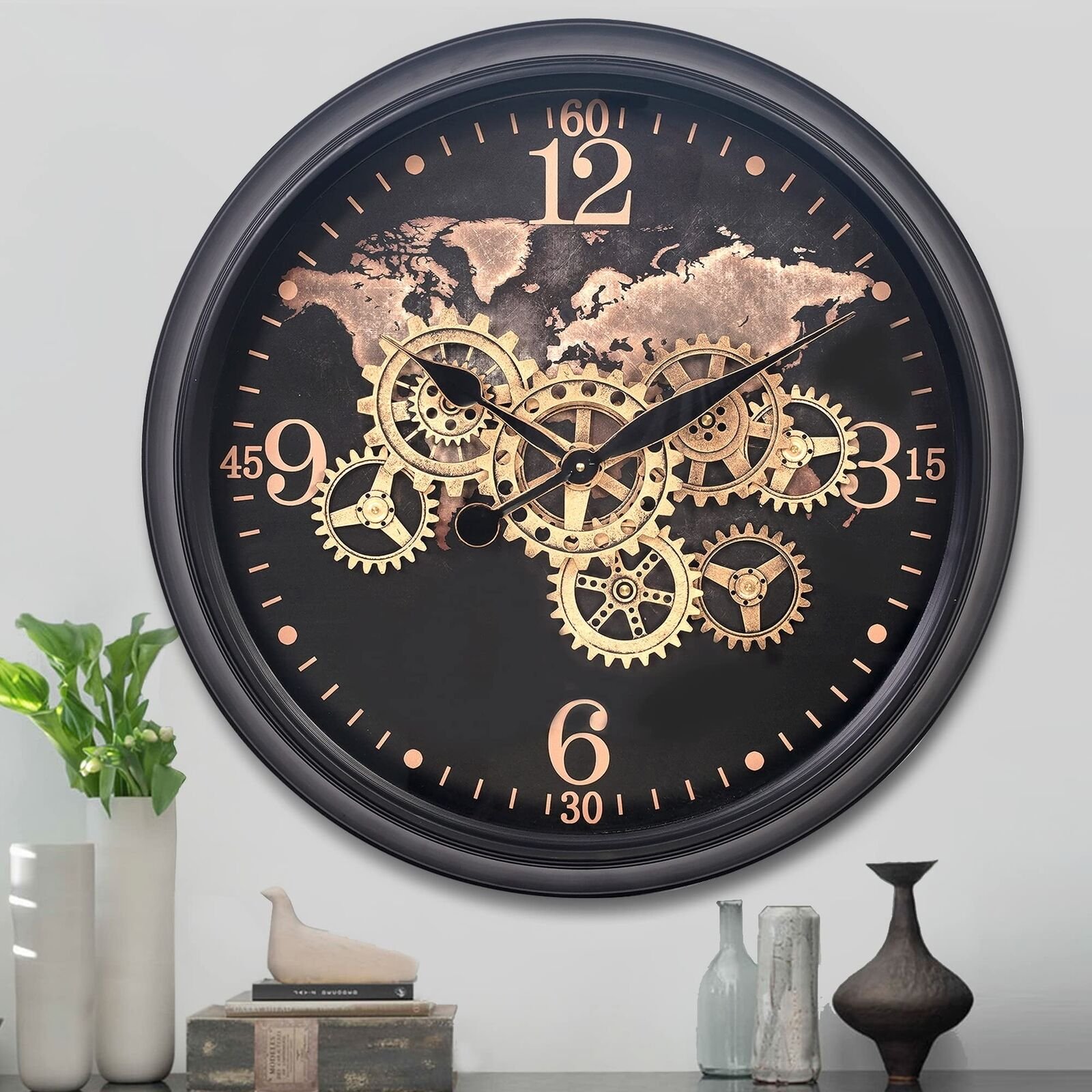 24 Inch Moving Gear Wall Clock with World Map,Large Black Gold Metal Wall Clo...