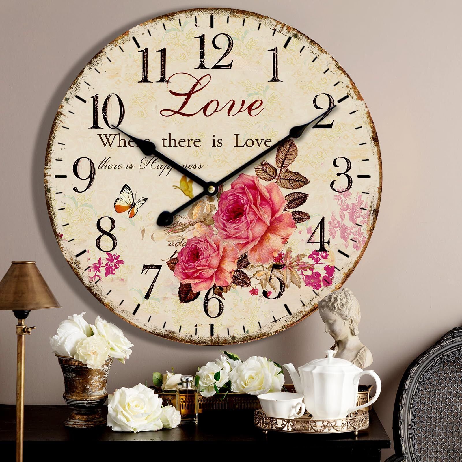 24 Inch Wooden Wall Clocks Love Rose Vintage Wall Clock Large Farmhouse Clock...