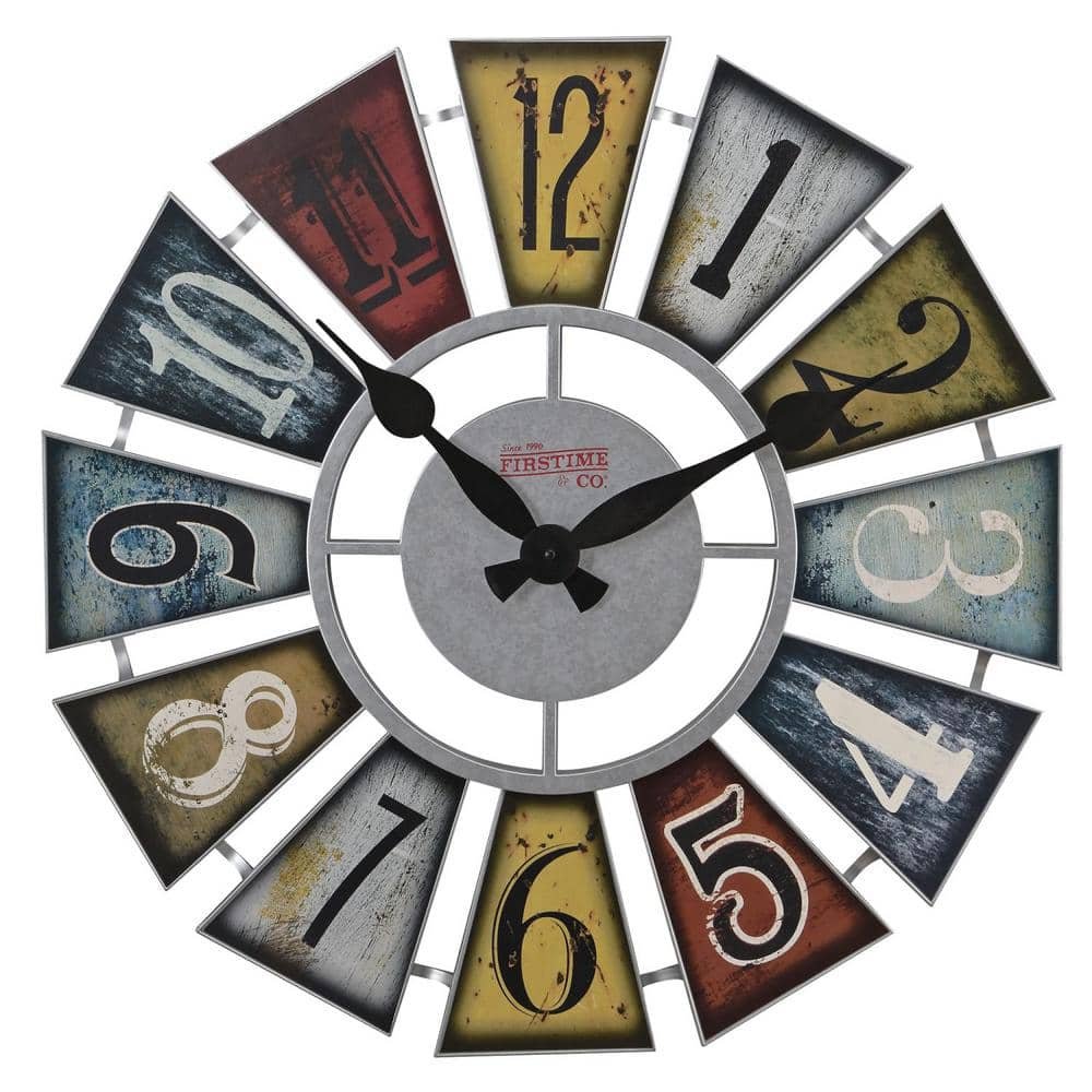 24 in. Numeral Windmill Multicolor Wall Clock, Large Vintage Decor