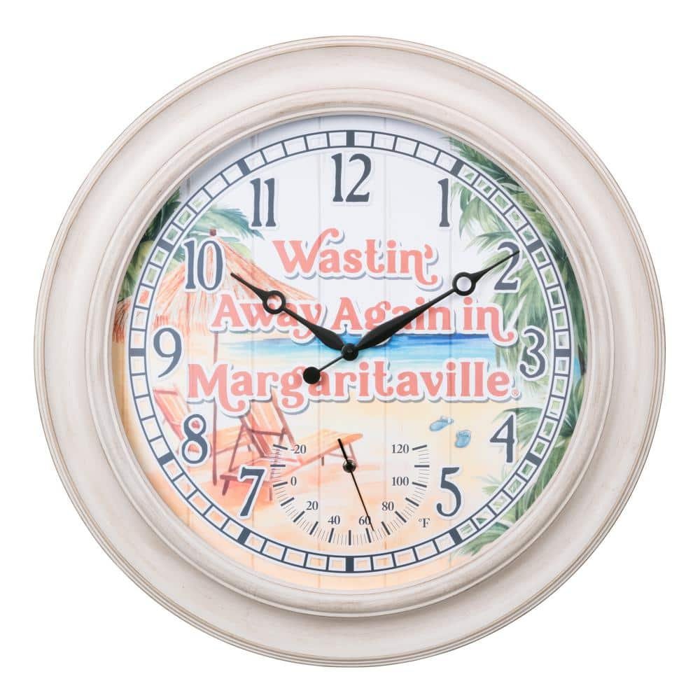 26.2 in. Indoor/Outdoor Whitewashed Margaritaville Analog Quartz Wall Clock with Temperature